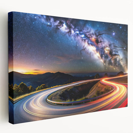 Stretched canvas artwork showcasing a serene landscape road design, featuring vibrant colors and intricate details, perfect for modern home decor.