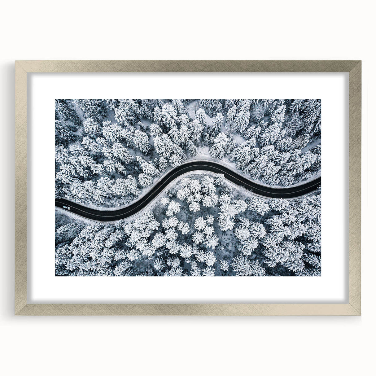 Framed wall art featuring a serene landscape design with roads, presented in a silver frame with a mat, ideal for home decor and aesthetic enhancement.
