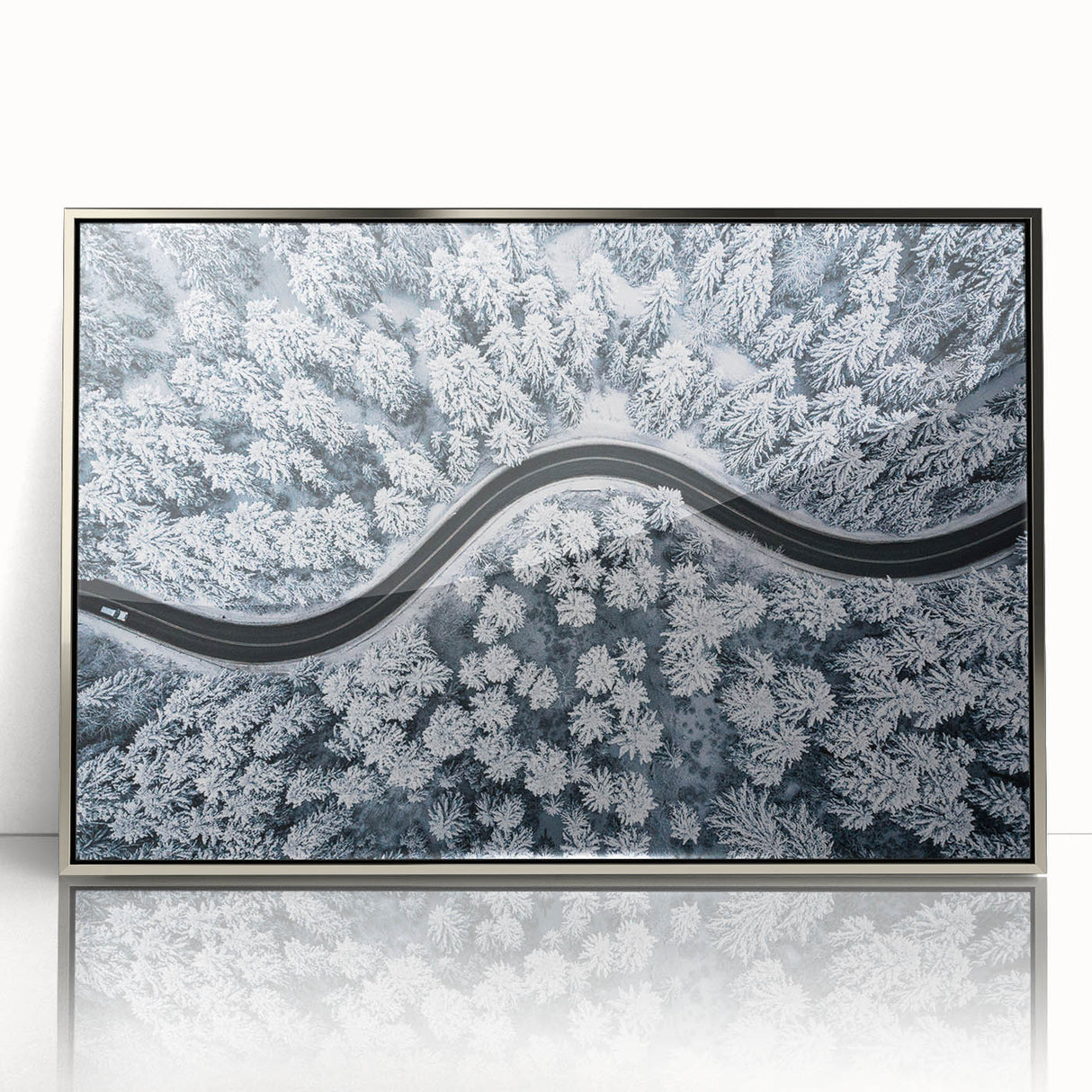 Framed acrylic wall art showcasing a scenic landscape with winding roads, featuring silver accents and a modern design that enhances interior decor. Perfect for adding a touch of elegance to any room.