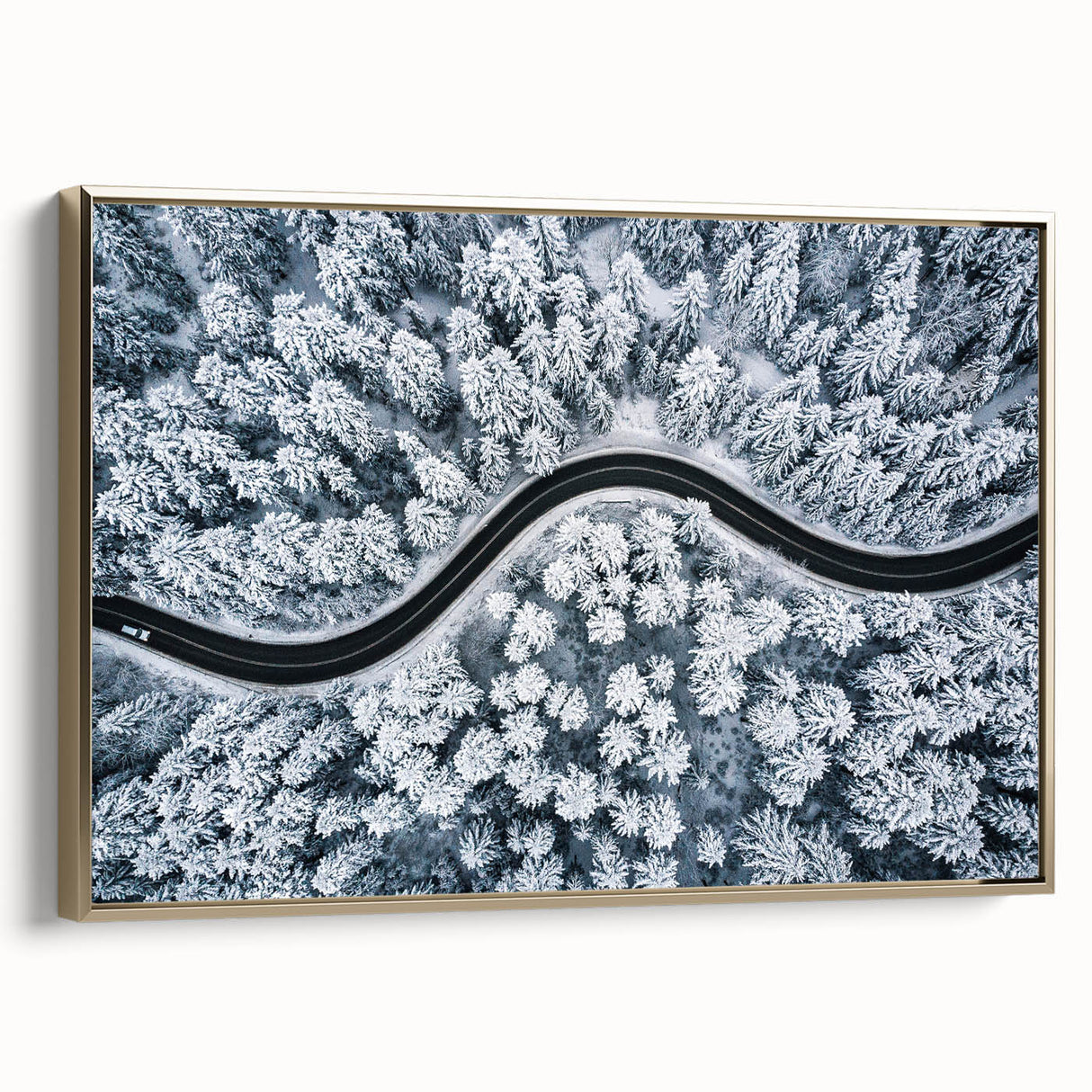 Framed canvas wall art showcasing a stunning landscape road design with gold accents, perfect for modern home decor. Ideal for enhancing living spaces with elegance.