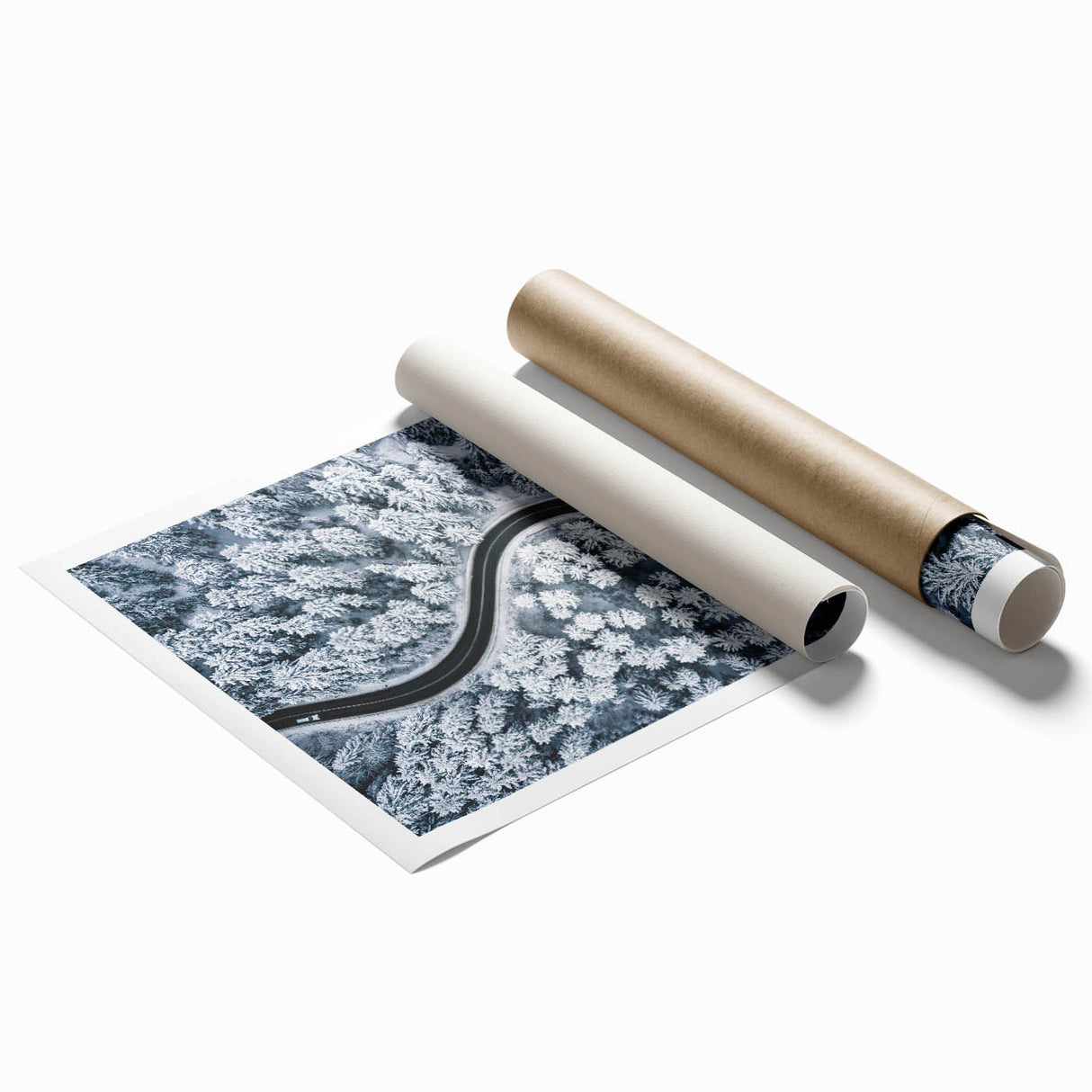 Rolled print of a vibrant landscape road design featuring winding paths and lush greenery, ideal for home décor, showcasing artistic details and colors.