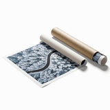 Rolled print of a vibrant landscape road design featuring winding paths and lush greenery, ideal for home décor, showcasing artistic details and colors.