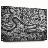 Acrylic glass wall art featuring a vibrant landscape design with winding roads and lush greenery, displayed in a side view with decorative pins, perfect for home decor.