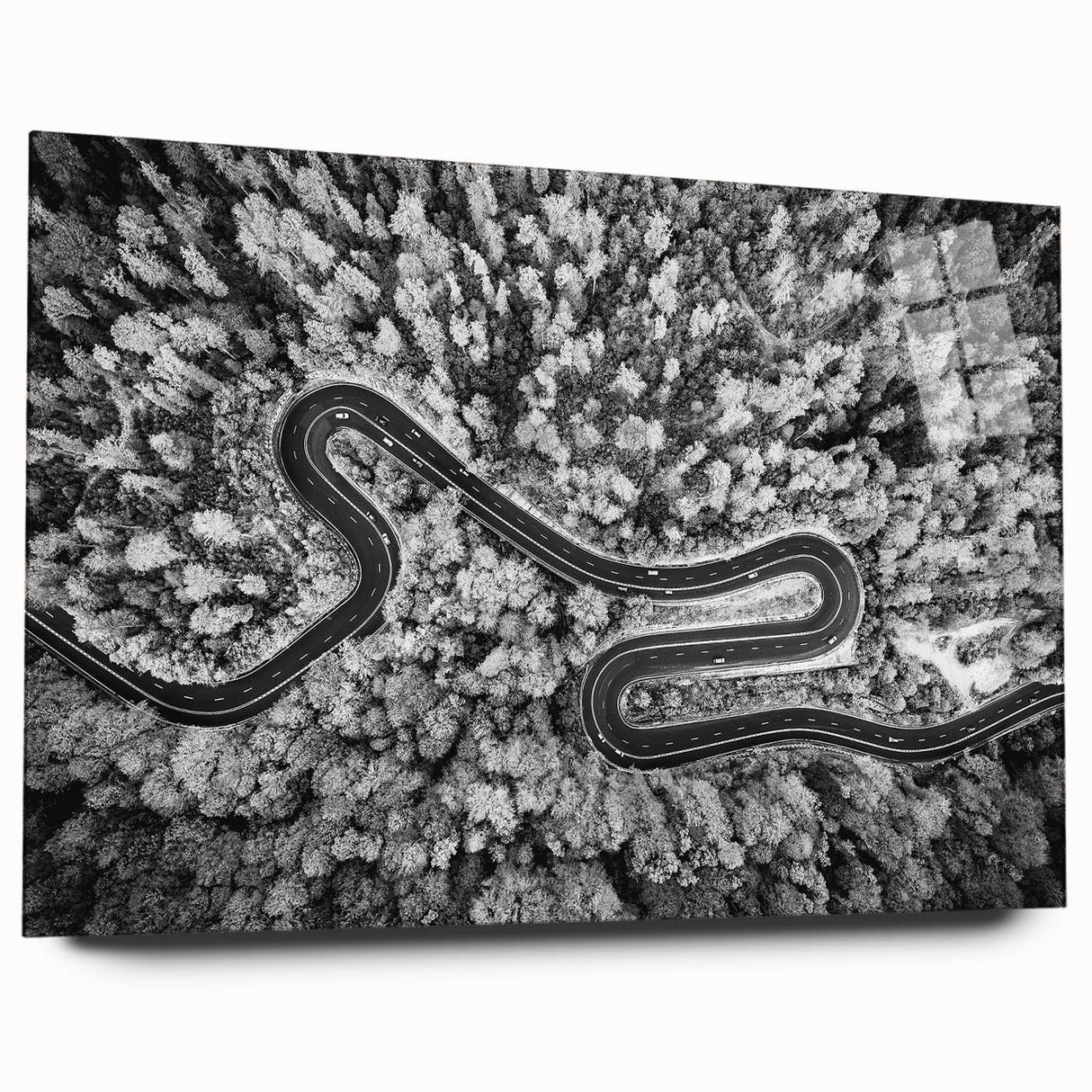 Acrylic glass wall art collection showcasing a serene landscape with winding roads and vibrant colors, designed for modern home decor. Perfect for adding a touch of nature to any space.