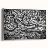 Framed canvas wall art showcasing a serene landscape road design in silver tones, ideal for modern home decor, enhancing any living space with elegance.