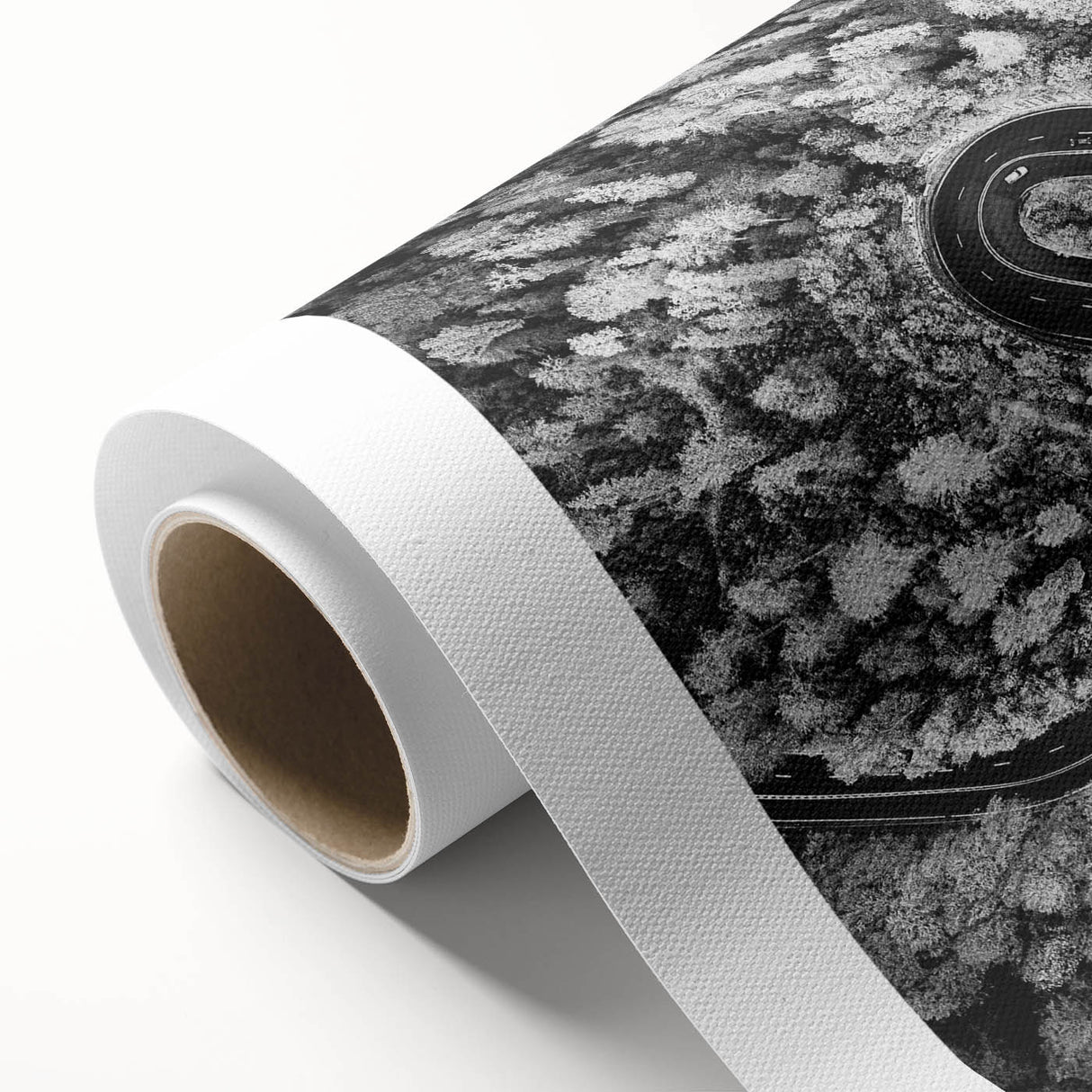 Rolled canvas showcasing a vibrant landscape road design with rich colors and intricate details, perfect for modern home decor, packaged securely in a cardboard tube.