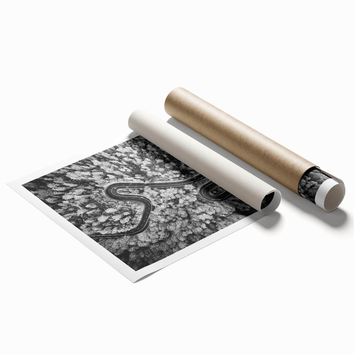 Rolled print showcasing a vibrant landscape road design with rich colors and intricate details, ideal for home décor. Packaged securely in a protective tube.