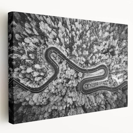 Stretched canvas wall art showcasing a vibrant landscape with winding roads, rich greens, and blues, perfect for enhancing modern home decor. Ideal for art lovers.
