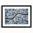 Framed wall art featuring a stunning landscape with winding roads, set in a sleek black frame with a white mat, ideal for modern home decor. Perfect for adding a touch of elegance to any room.