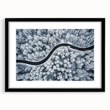 Framed wall art featuring a stunning landscape with winding roads, set in a sleek black frame with a white mat, ideal for modern home decor. Perfect for adding a touch of elegance to any room.