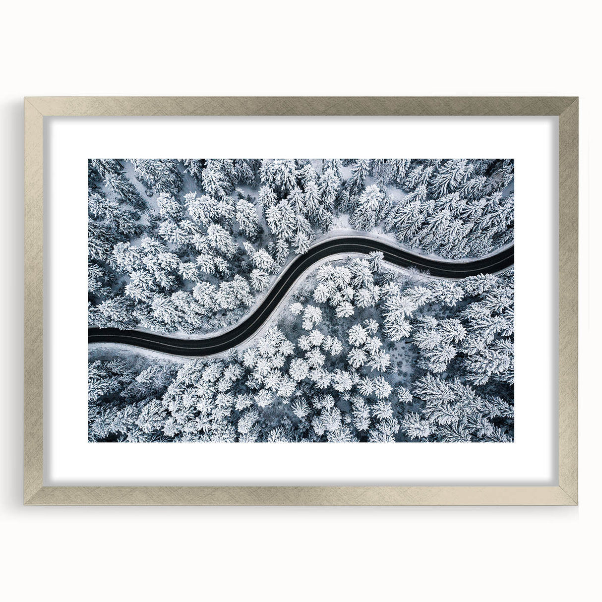 Framed wall art showcasing a serene landscape with winding roads, featuring a silver mat and elegant frame, perfect for modern home decor. Ideal for adding a touch of tranquility to any room.