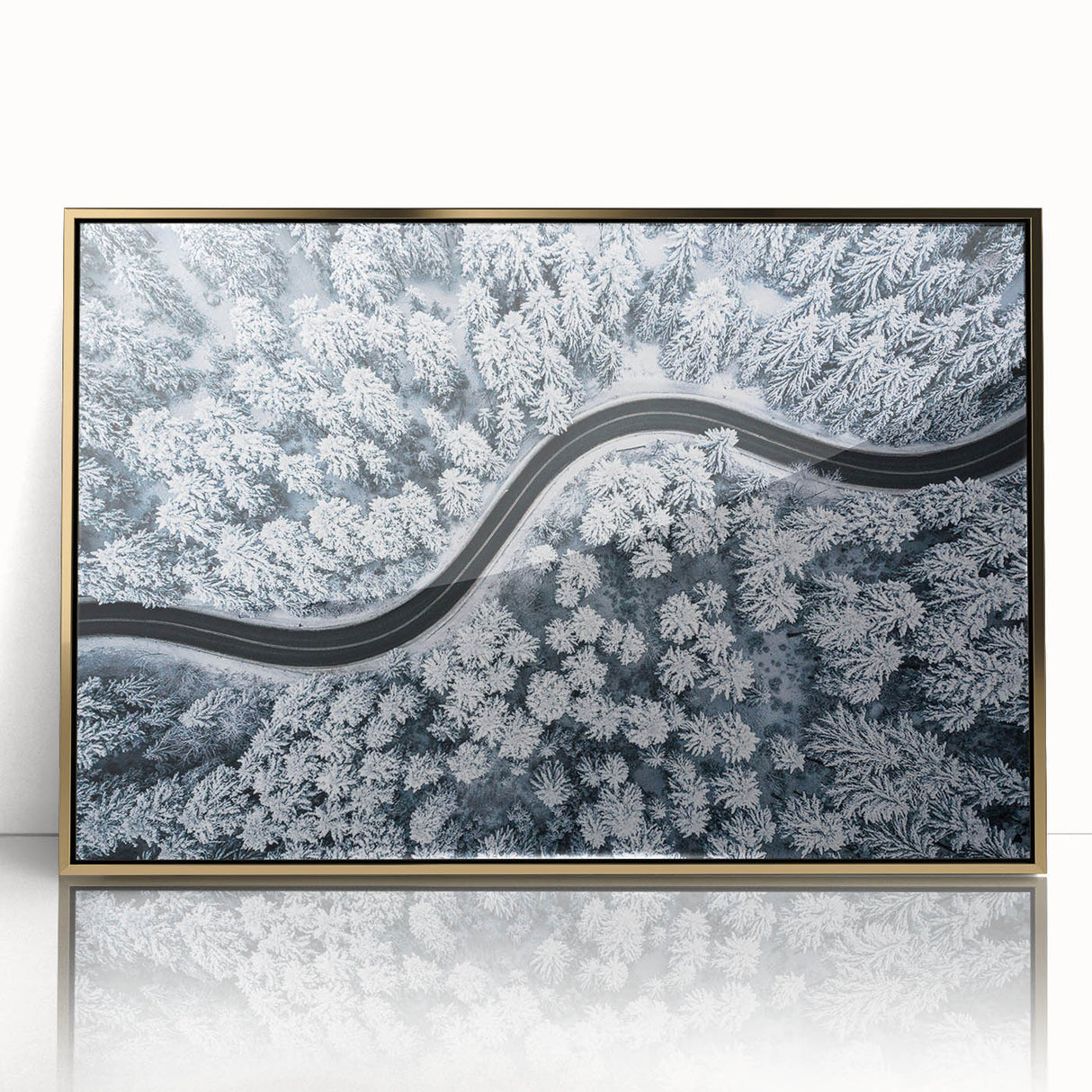 Framed acrylic wall art showcasing a stunning landscape road design with gold accents, perfect for modern interior decor. Ideal for enhancing living spaces.