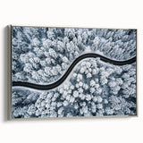 Framed canvas wall art showcasing a scenic landscape with winding roads, set in a sleek silver frame, perfect for home decor and modern aesthetics.