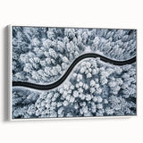 Framed canvas wall art showcasing a serene landscape with winding roads and lush greenery, elegantly presented with a white frame, ideal for home decor.