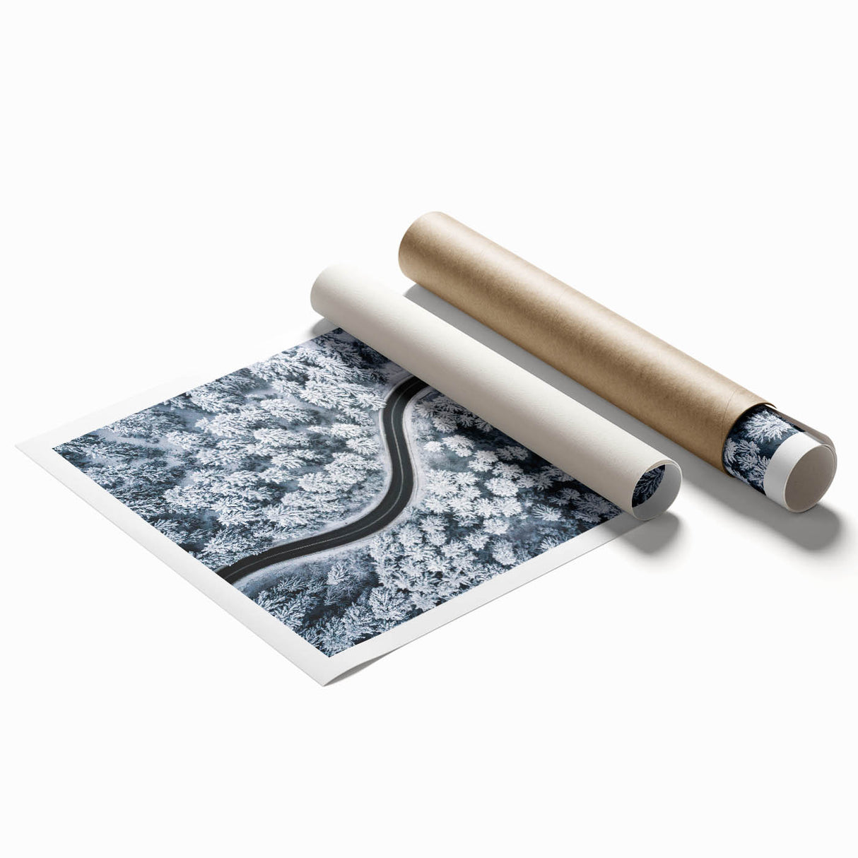 Rolled print showcasing a vibrant landscape road design, featuring rich colors and intricate details, ideal for modern home decor, packaged securely for delivery.