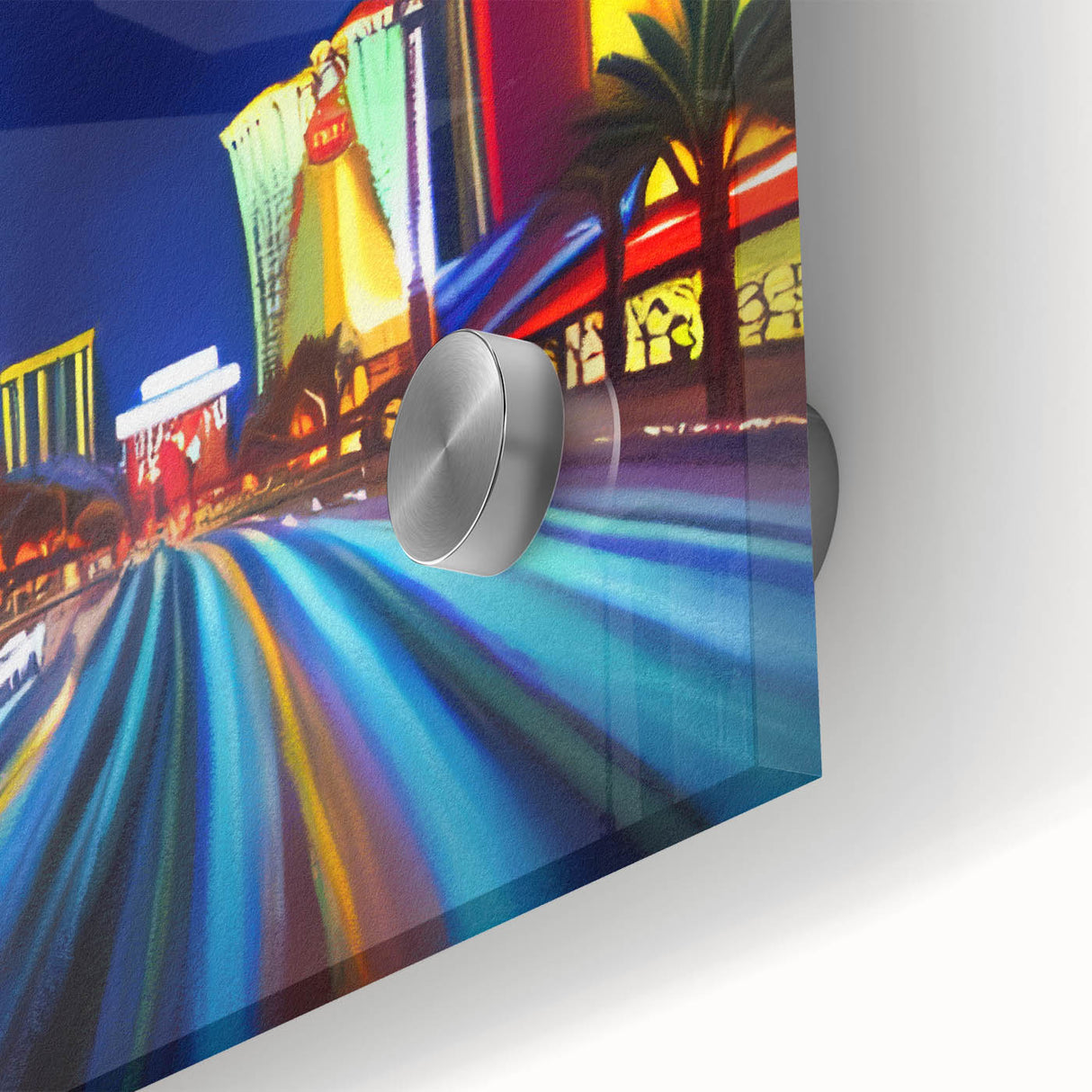 Close-up of a vibrant acrylic glass wall art piece depicting a scenic landscape with winding roads, enhancing modern interior decor with its vivid colors and intricate details.