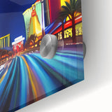 Close-up of a vibrant acrylic glass wall art piece depicting a scenic landscape with winding roads, enhancing modern interior decor with its vivid colors and intricate details.