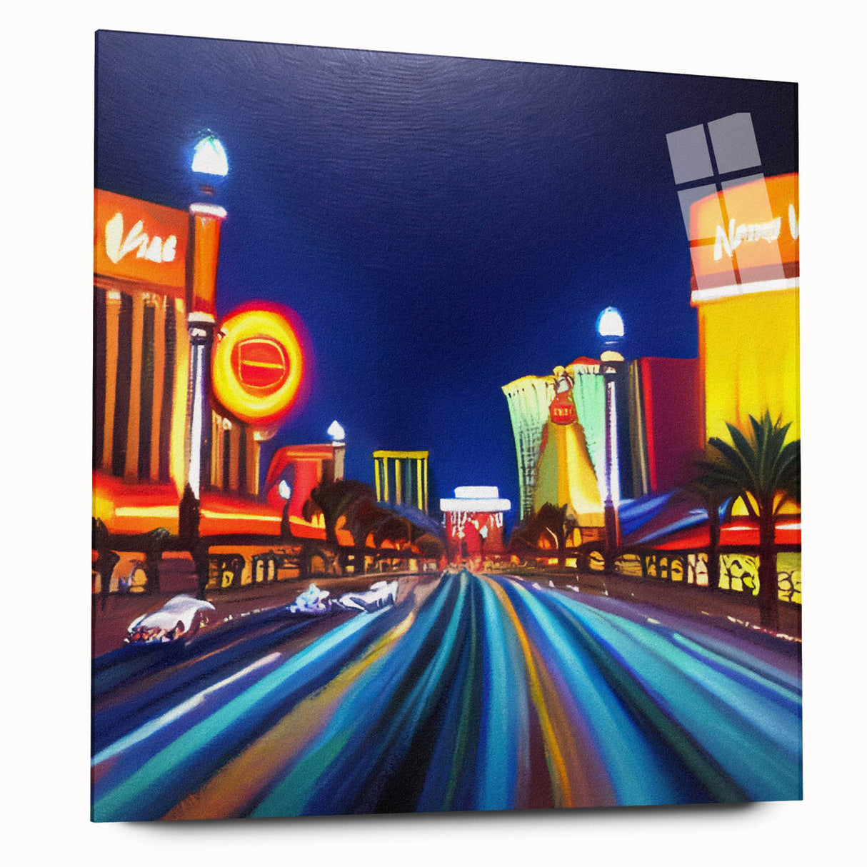 Acrylic glass artwork showcasing a scenic landscape with winding roads, displayed in a side view, emphasizing vibrant colors and intricate details, perfect for home decor.