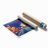 Vibrant rolled print of abstract landscape road design, showcasing rich colors and intricate details, ideal for modern home decor or art collection.