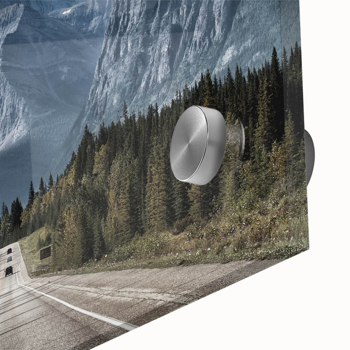 Close-up view of a vibrant acrylic glass artwork showcasing a scenic road landscape, featuring rich colors and intricate details, ideal for home decor.