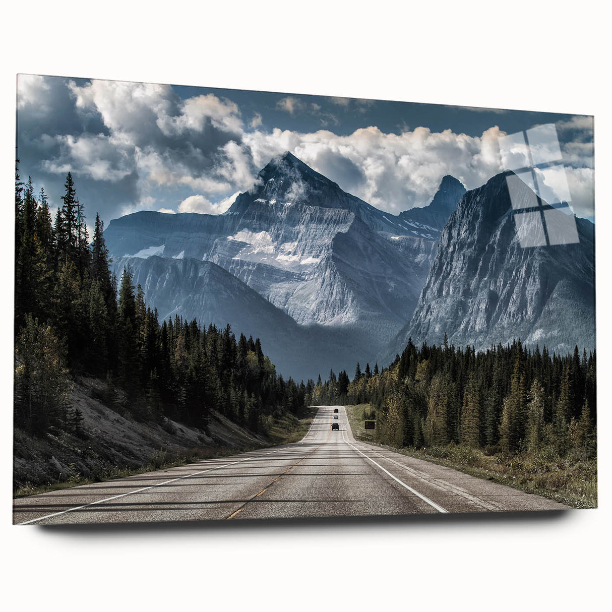 Acrylic glass wall art display showcasing a vibrant landscape design featuring winding roads and lush greenery, elegantly arranged without pins for a modern aesthetic.