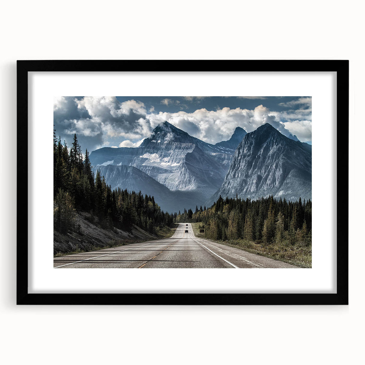 Framed black wall art featuring a scenic landscape road design, complete with a white mat, ideal for home decor and interior design enthusiasts. Perfect for adding elegance to living spaces.