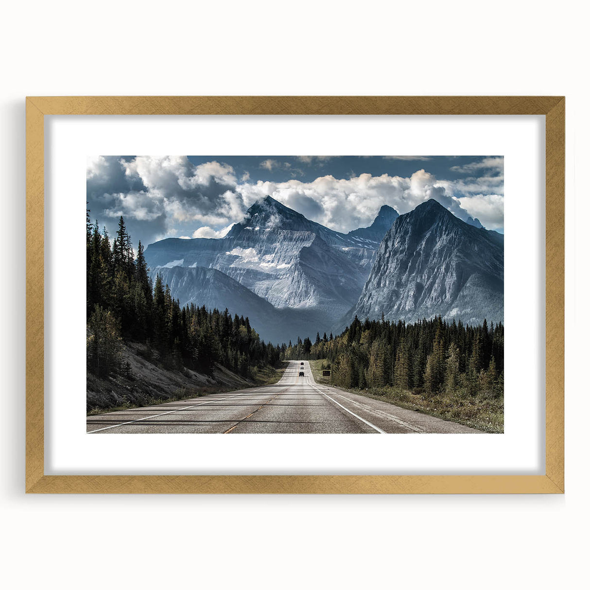Elegant gold-framed wall art featuring a serene landscape road design, complete with a white mat, ideal for home decor or office enhancement. Perfect for nature lovers.