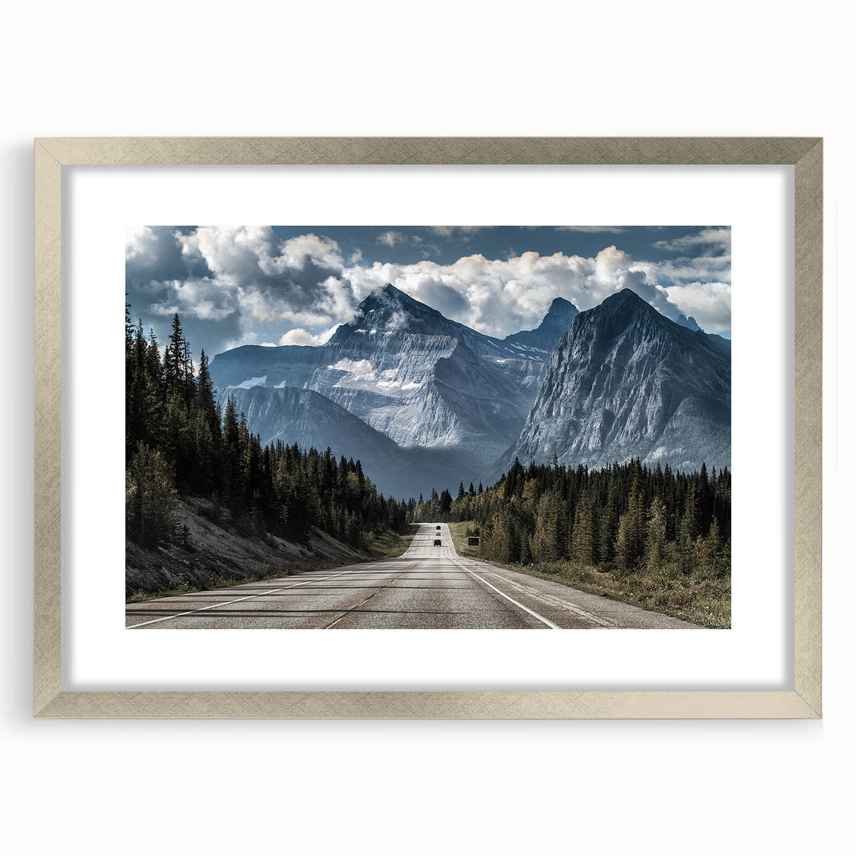 Framed wall art featuring a stunning landscape design with roads, presented in a silver frame with a mat, perfect for enhancing home decor and adding a touch of elegance.