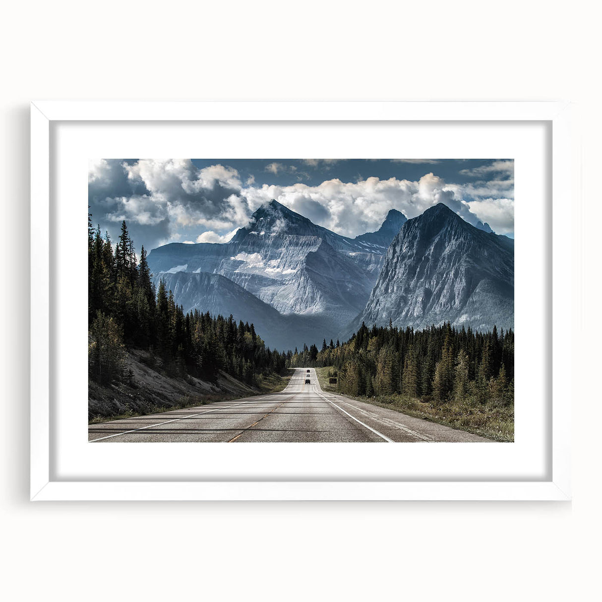 Framed landscape wall art featuring a serene road design, showcasing vibrant colors and intricate details, set within a white mat for a modern aesthetic.