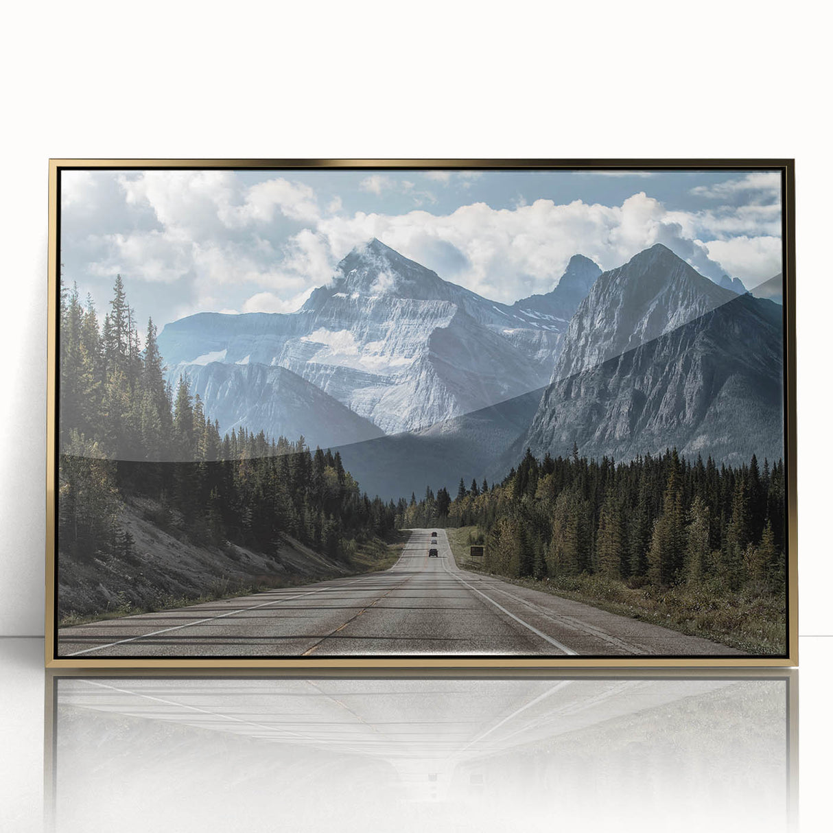 Framed acrylic wall art showcasing a stunning landscape road design, featuring vibrant colors and gold accents, perfect for modern home decor.