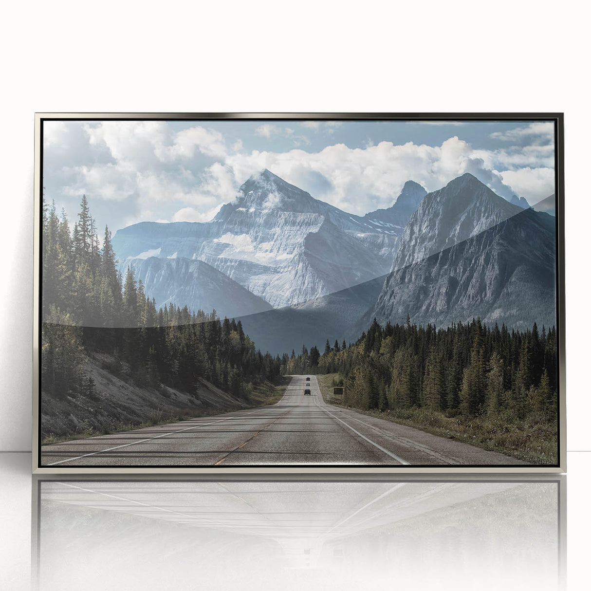 Framed acrylic wall art depicting a scenic landscape with winding roads and vibrant colors, elegantly showcased with a silver frame, perfect for home decor.