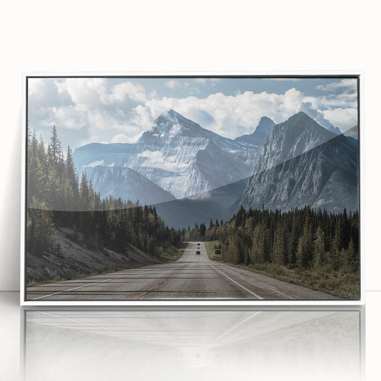 Framed acrylic wall art featuring a contemporary landscape road design in a white frame, showcasing vibrant colors and intricate details for modern home decor.