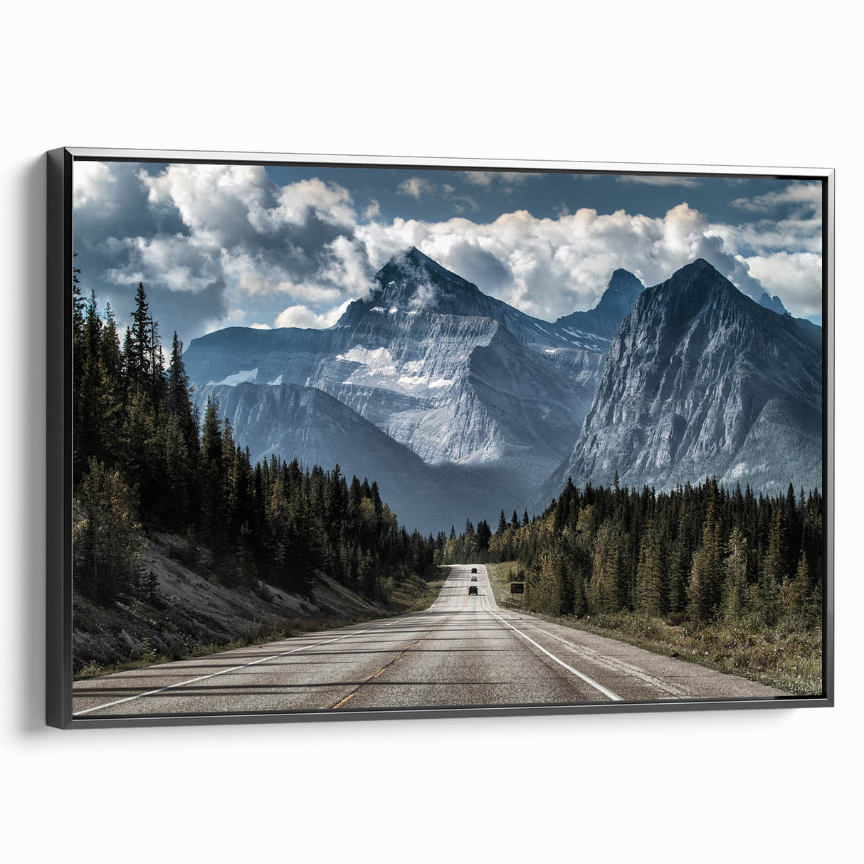 Framed canvas wall art showcasing a modern landscape design with winding roads, featuring a black frame and side view display, ideal for contemporary home decor.