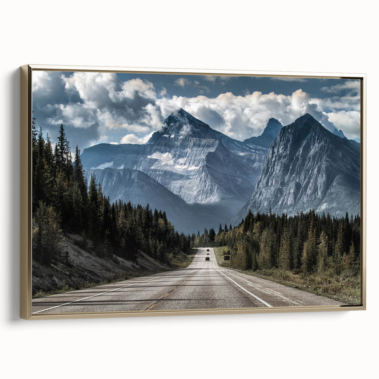 Framed canvas wall art showcasing a stunning landscape road design, featuring a gold frame and vibrant colors, perfect for modern home decor.