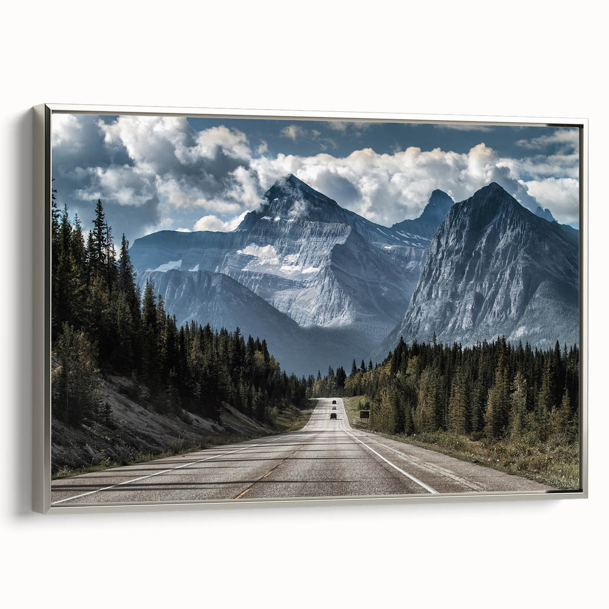 Framed canvas wall art showcasing a silver-framed landscape design of winding roads, perfect for modern home decor. Ideal for adding elegance to any room.