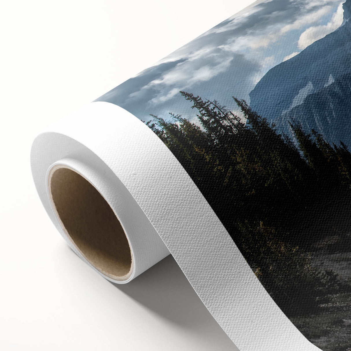 Rolled canvas artwork showcasing a vibrant landscape design featuring winding roads and lush greenery, ideal for home decor. Textured surface enhances visual appeal.