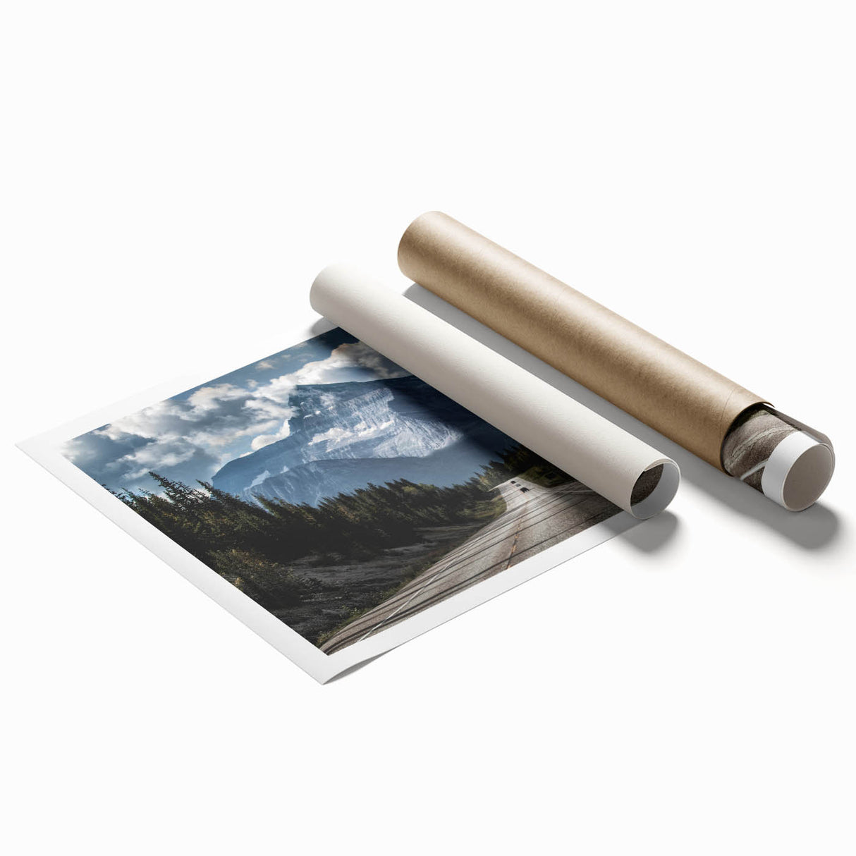 Rolled print showcasing a stunning landscape road design, featuring vibrant colors and intricate details, perfect for home decor or art enthusiasts, packaged securely in a protective tube.
