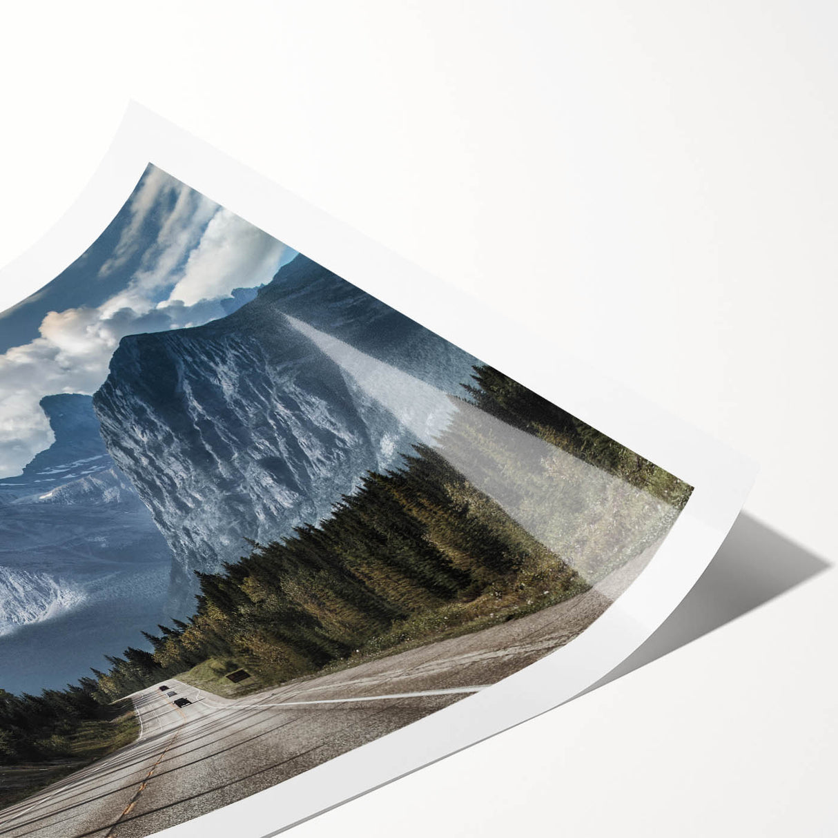 Rolled print showcasing a vibrant landscape road design, featuring earthy tones and intricate details, perfect for modern home decor. Packaged securely in a cardboard tube.