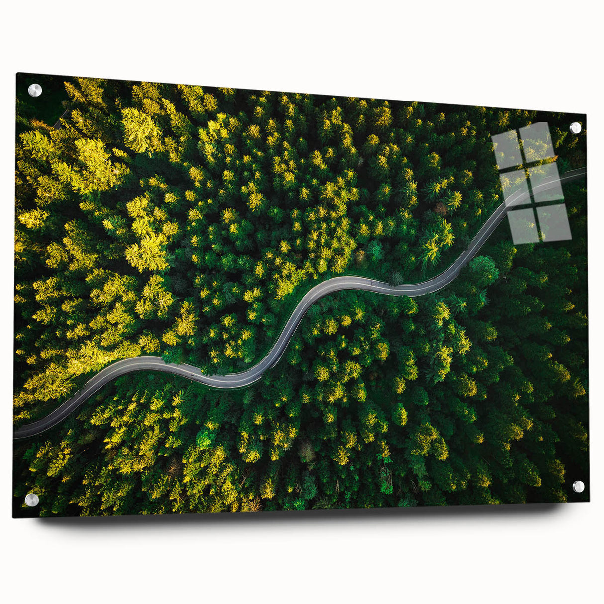 Acrylic glass wall art featuring a vibrant landscape design of winding roads, showcasing dynamic colors and textures, ideal for modern home decor.
