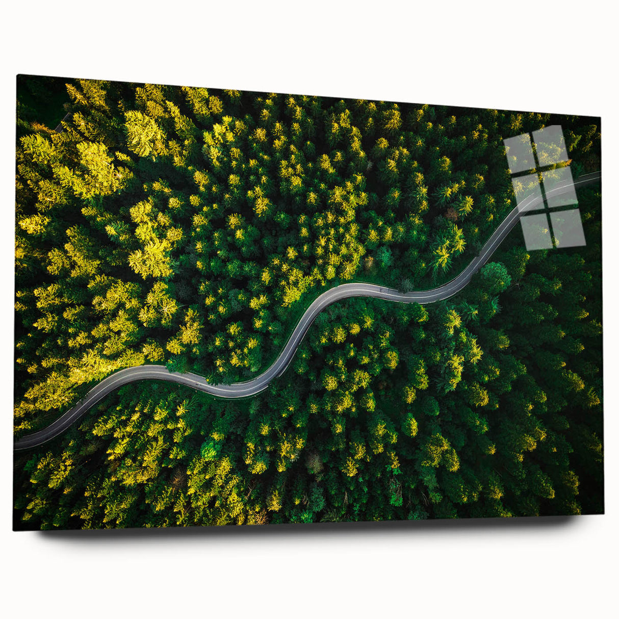 Acrylic glass wall art collection featuring a vibrant landscape and road design, showcased in a stylish side view without pins, perfect for modern home decor.