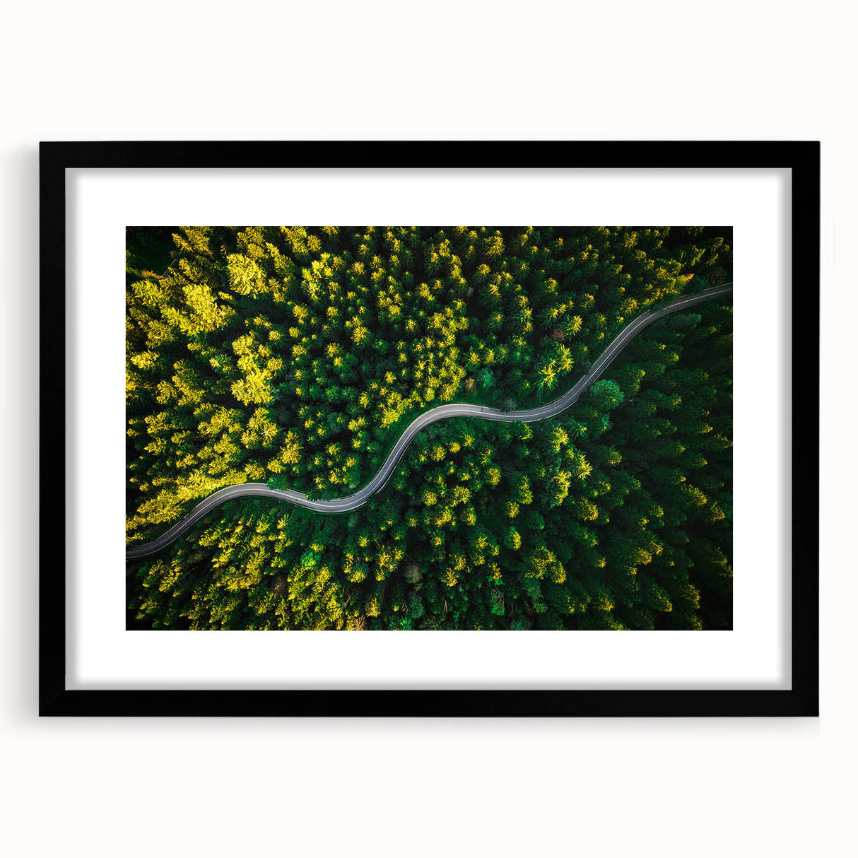 Framed wall art featuring a scenic landscape road design with a black mat and frame, ideal for modern home decor. Perfect for adding a touch of elegance to any room.