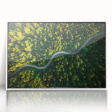 Framed acrylic wall art featuring a serene landscape with winding roads, set in a white frame, perfect for modern home decor or office spaces, showcasing vibrant colors and intricate details.