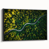 Framed canvas wall art showcasing a scenic landscape with winding roads and lush greenery, presented in a sleek black frame, perfect for modern decor.