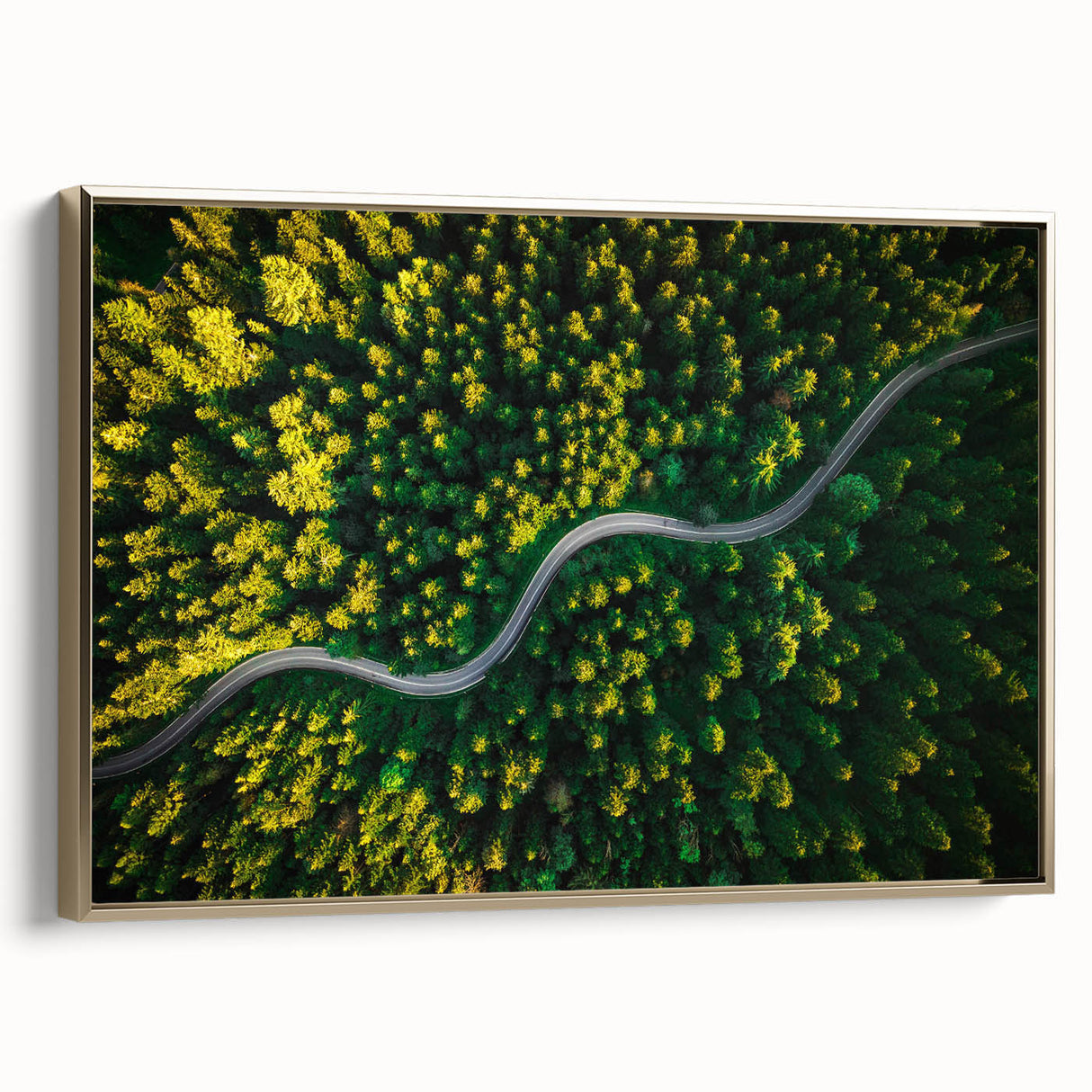 Framed canvas wall art showcasing a modern landscape design with roads and greenery, featuring a sleek gold frame, perfect for contemporary decor.