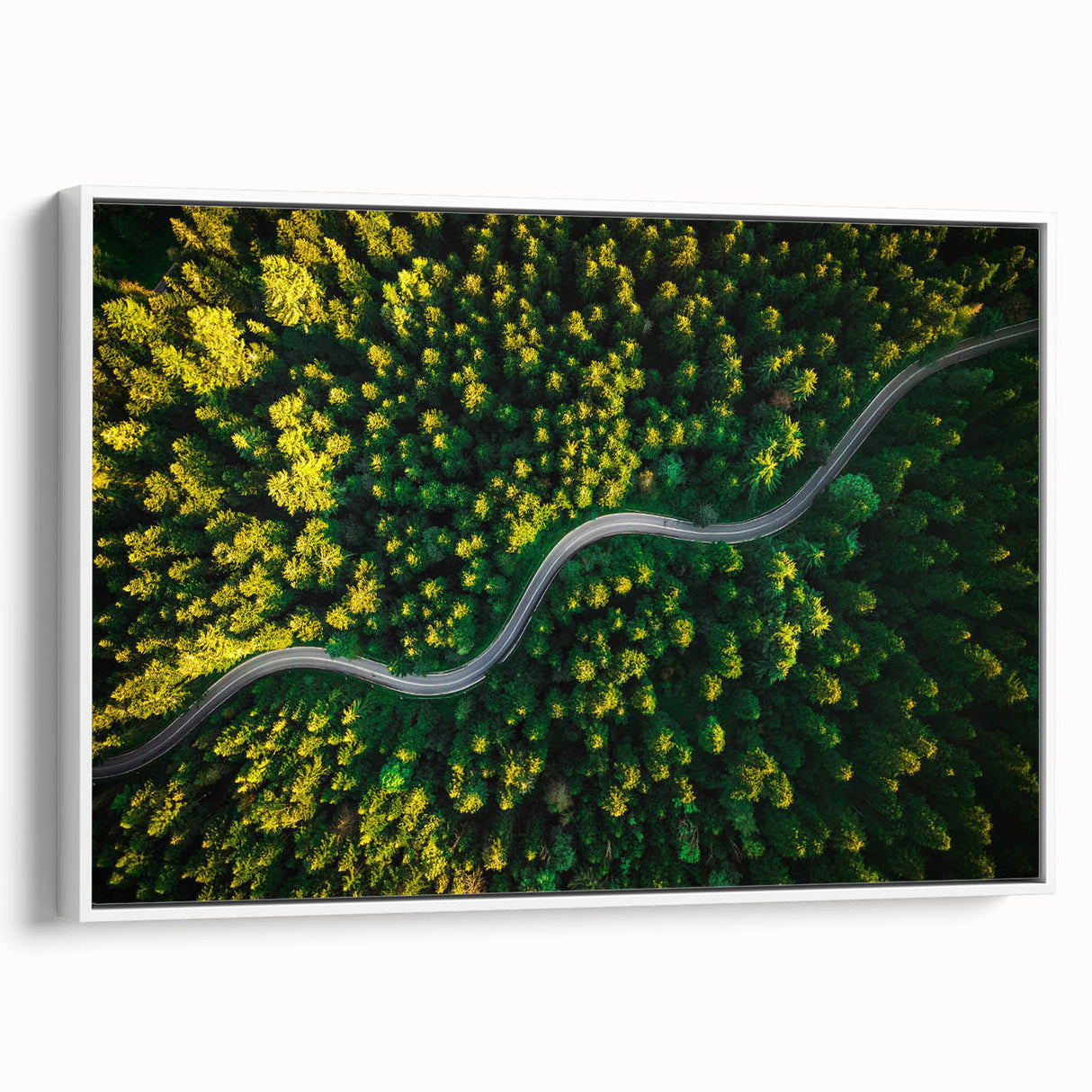 Framed canvas wall art showcasing a scenic road landscape design, featuring vibrant colors and intricate details, presented in a modern white frame, ideal for home decor.