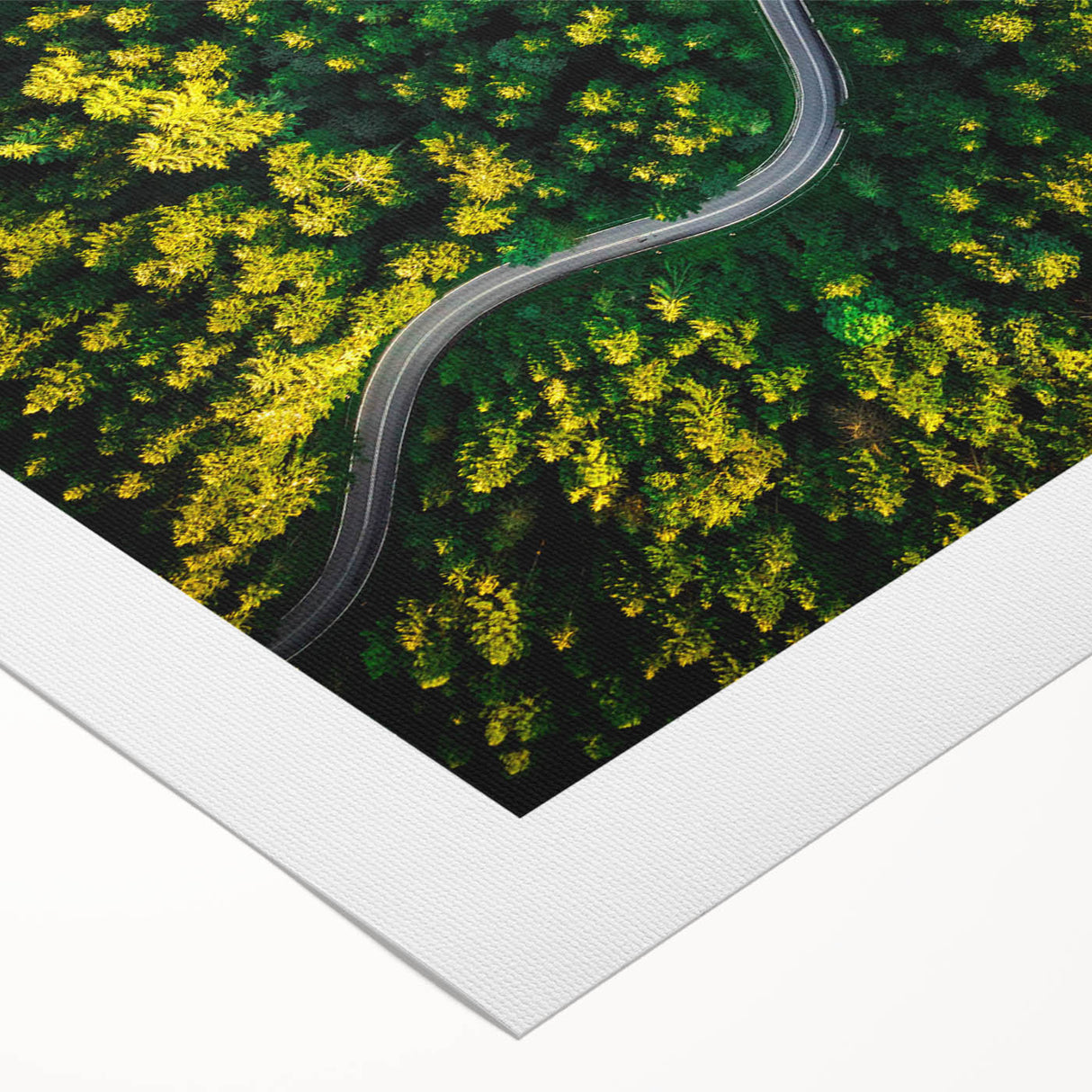 Rolled canvas wall art showcasing a vibrant landscape with winding roads and lush greenery, designed for home decor enthusiasts seeking nature-inspired aesthetics.