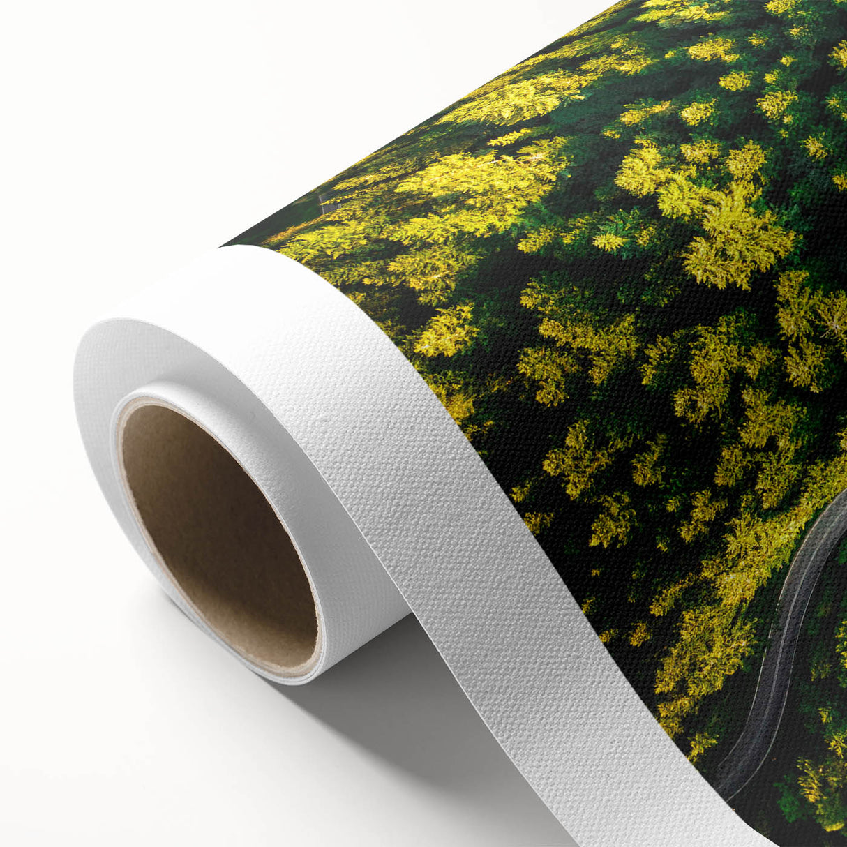Rolled canvas showcasing a vibrant landscape road design with rich colors and intricate details, ideal for modern home décor, packaged securely in a protective tube.