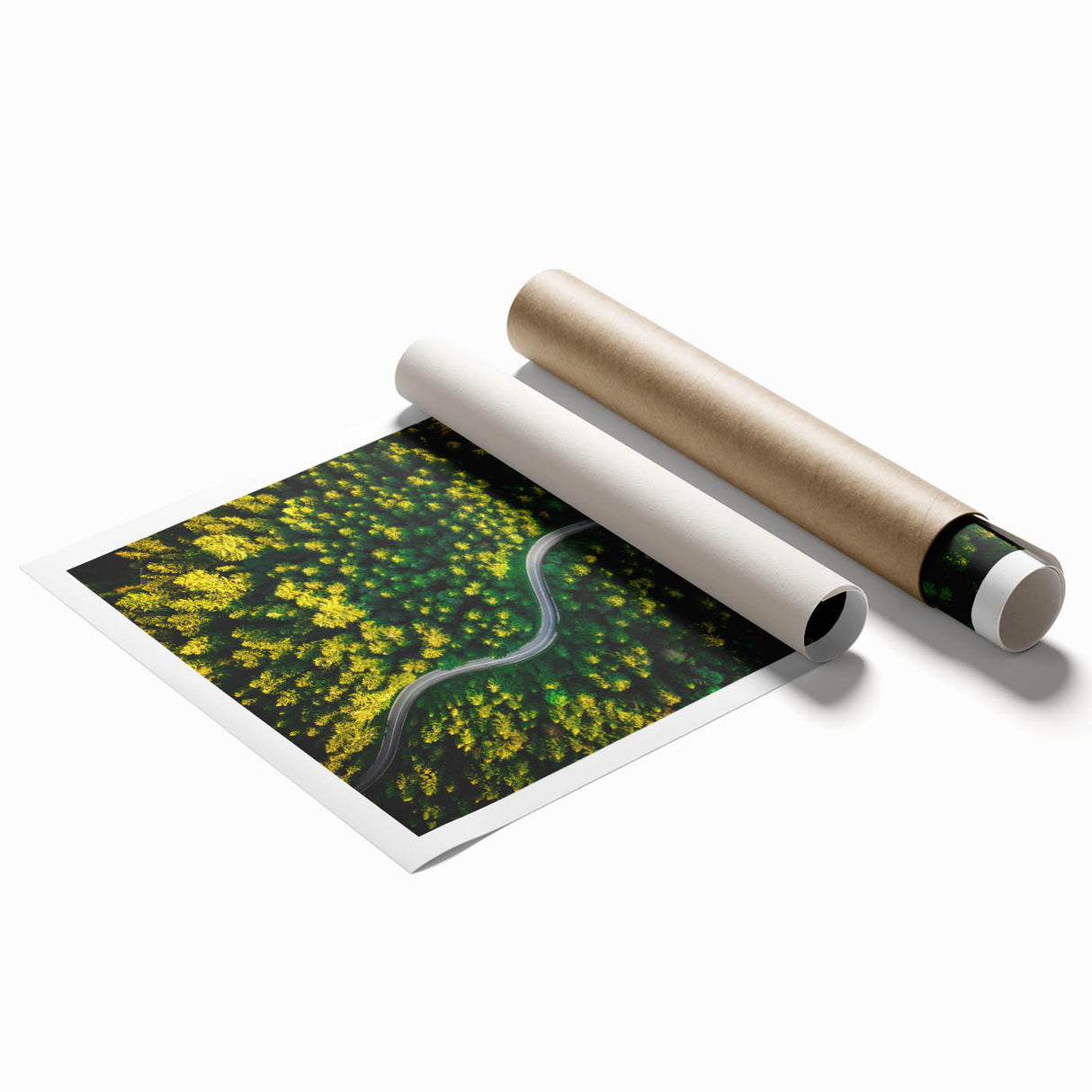 Rolled print showcasing a vibrant landscape with winding roads and lush greenery, ideal for home decor, elegantly packaged for easy display and protection.