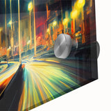 Close-up of a colorful acrylic glass wall art piece showcasing an abstract landscape design with winding roads, perfect for modern home decor.