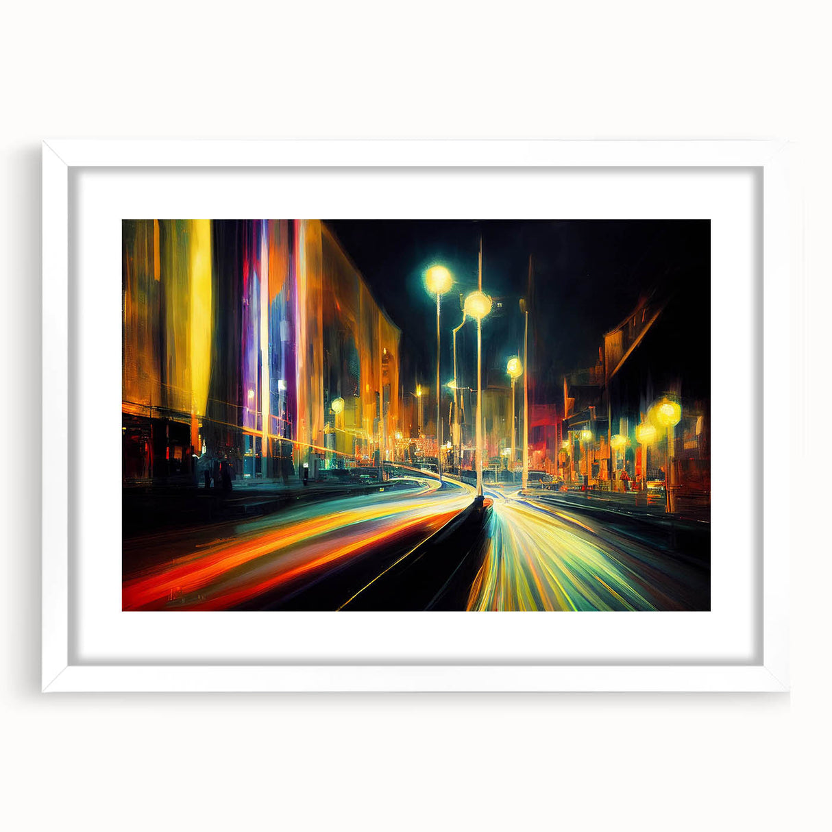 Framed landscape road design wall art featuring a serene scene with muted colors, displayed in a white mat. Ideal for modern home decor and artistic settings.